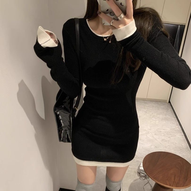 假两件针织连衣裙女秋季2025新款法式高级感修身气质辣妹包臀裙子