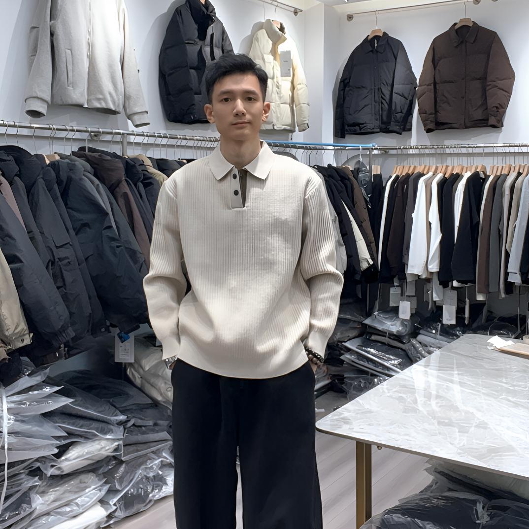 男士秋冬季老钱风翻领针织纯色简约百搭长袖休闲保暖毛衣上衣