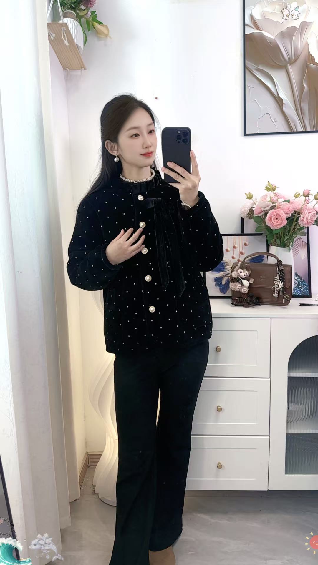 冬季新款立领雪尼尔银点蝴蝶结睡衣洋气长袖秋冬家居服上衣套装