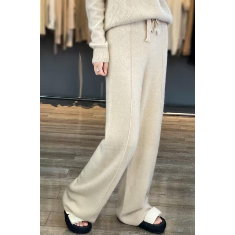 秋冬新款针织阔腿裤女中缝直筒裤子松紧高腰休闲裤纯色拖地裤长裤