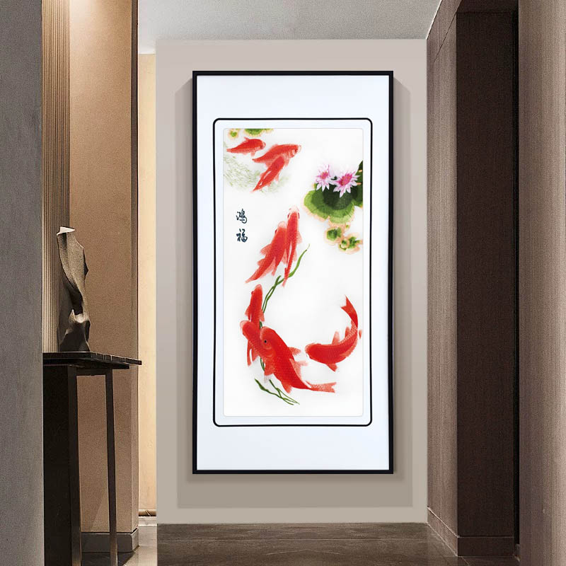 鸿福年年有余苏绣精品客厅挂画入户玄关装饰画新中式刺绣壁画国风