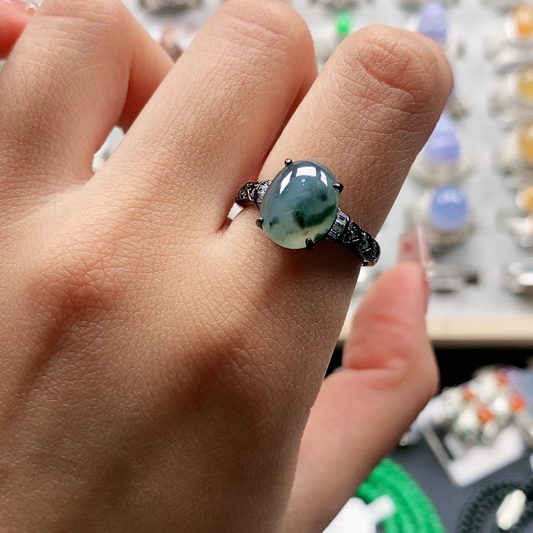 翡翠戒指银S925镶嵌天然翡翠活口戒指