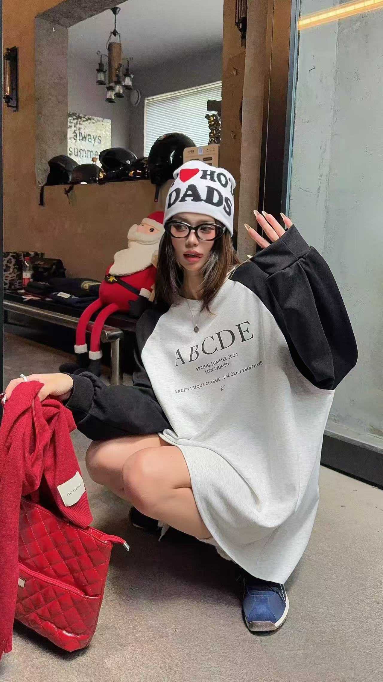 套头长袖圆领常规款印花卫衣秋季百搭拼接女士休闲宽松968