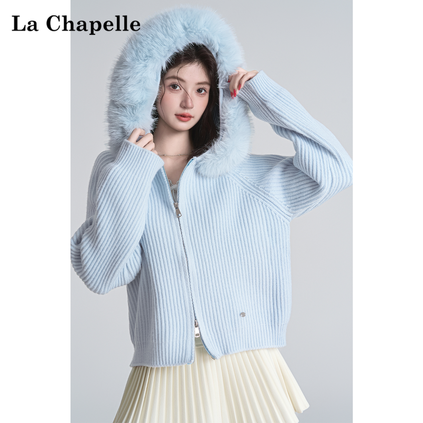 拉夏贝尔大毛领连帽拉链毛衣外套女2025冬季慵懒风高级感针织开衫