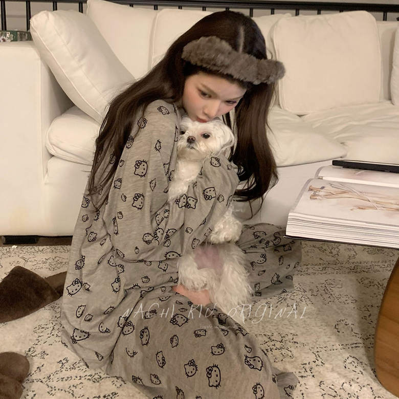 新款春秋季睡衣套装长袖满Kitty猫印花可爱甜美女生睡衣2025新款