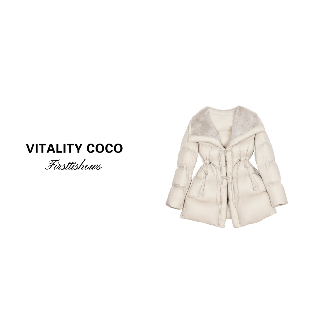 「VITALITY COCO」水貂拼接白鹅绒大翻领中长款宽松羽绒服-1054