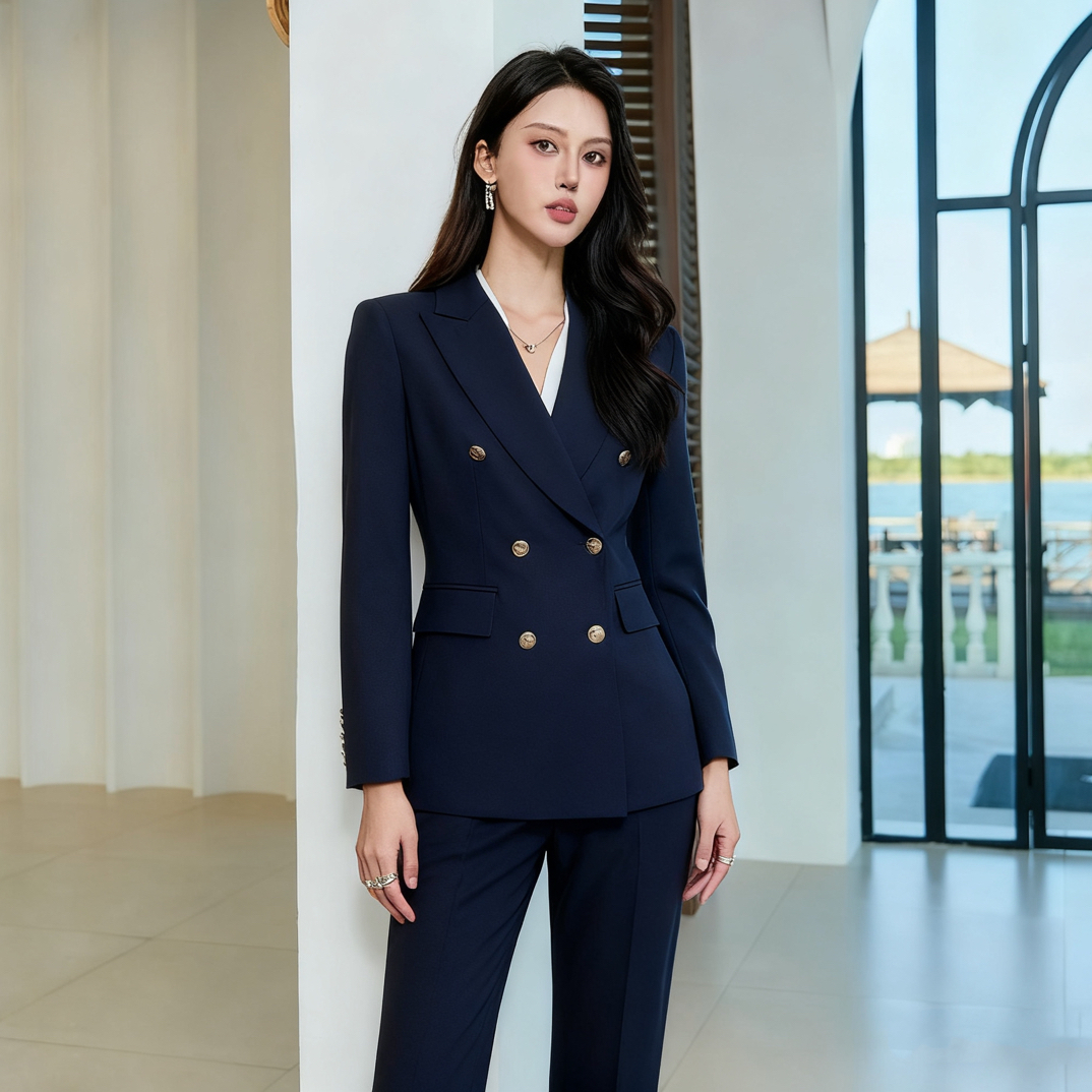 冬季设计感新款女职业西装两件套厚款面料通勤双排扣商务长袖长裤