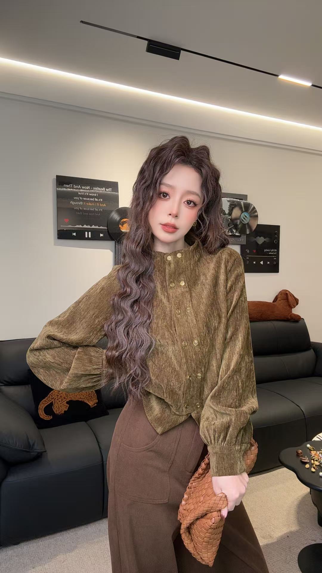 XXX【雾栗茶衫】港风复古时髦小众加厚雪尼绒衬衫  L-031