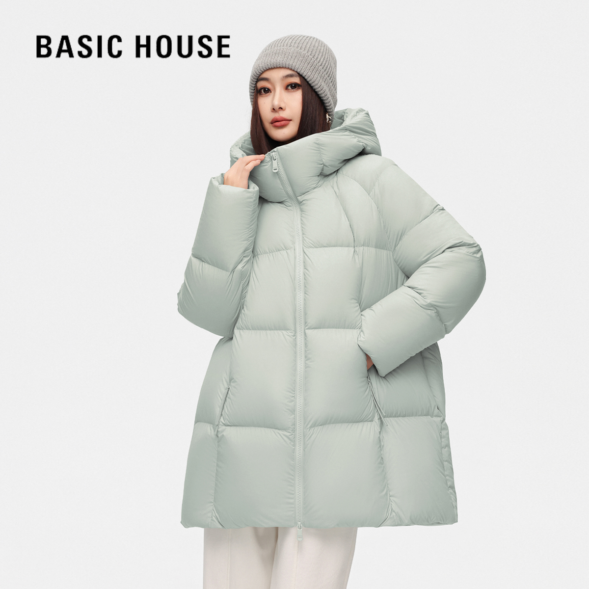 Basic House/百家好25冬季百搭轻奢防风插肩袖长款90白鸭绒羽绒服