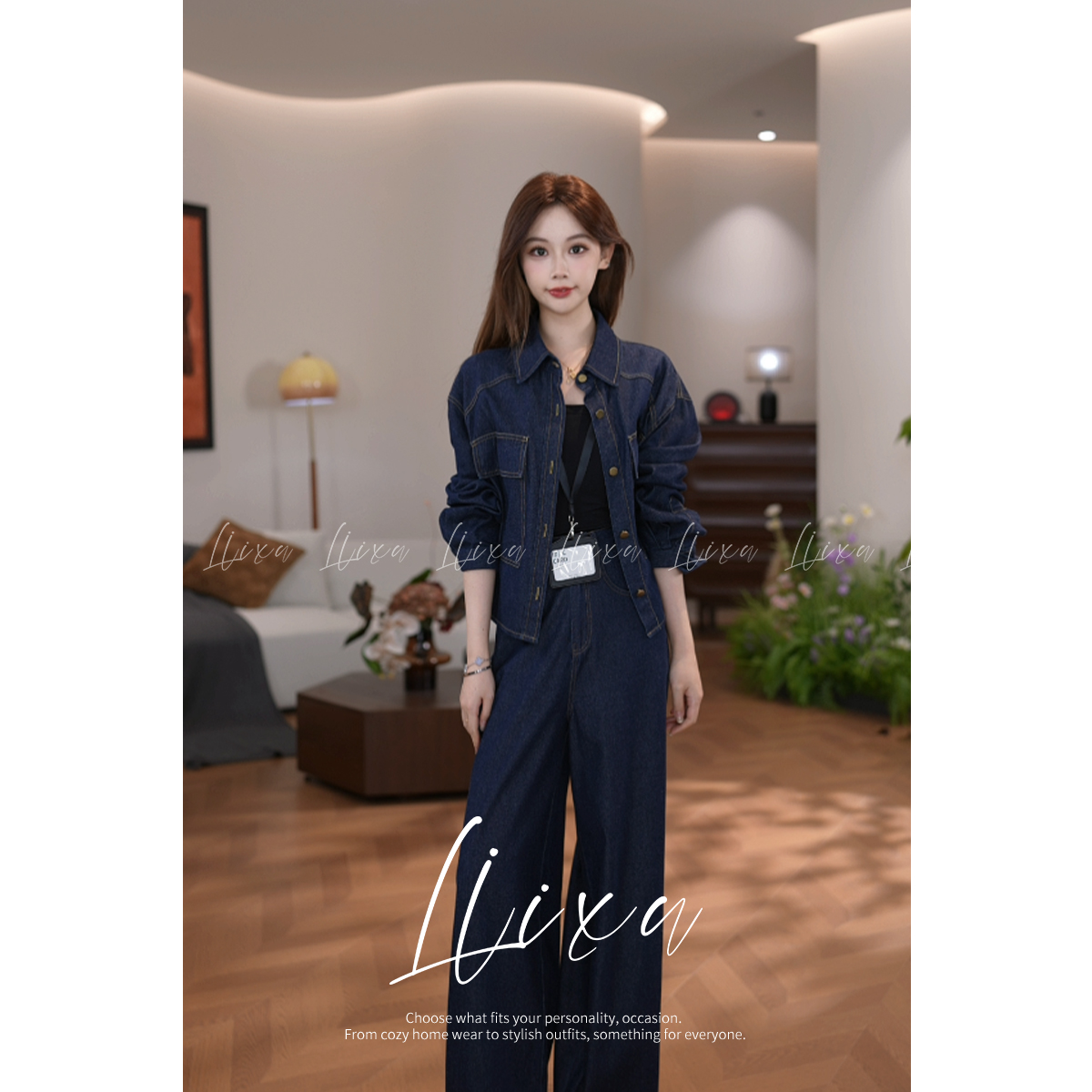 Liixu2025年秋季复古港风高街牛仔外套高腰阔腿裤两件套L51TZ033