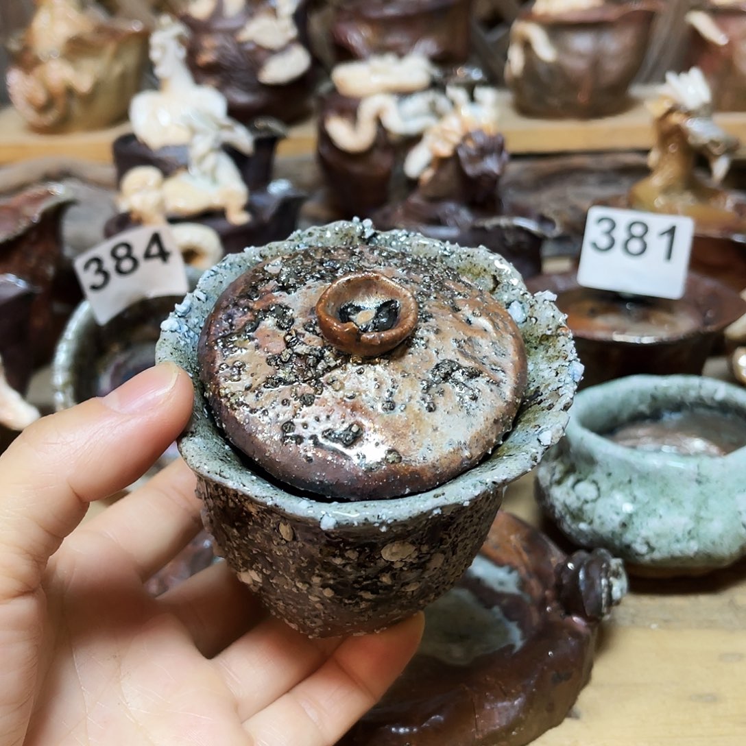 杯柴烧石头手捏盖碗