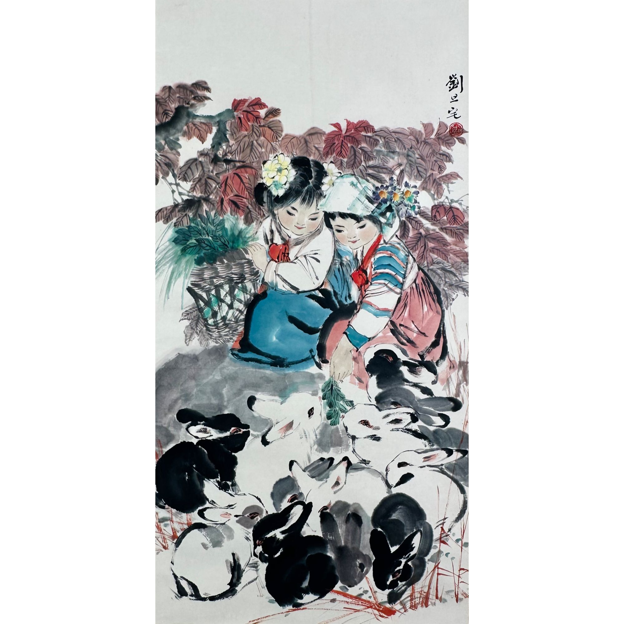 刘旦宅 少女秋兔 立轴 86×43cm