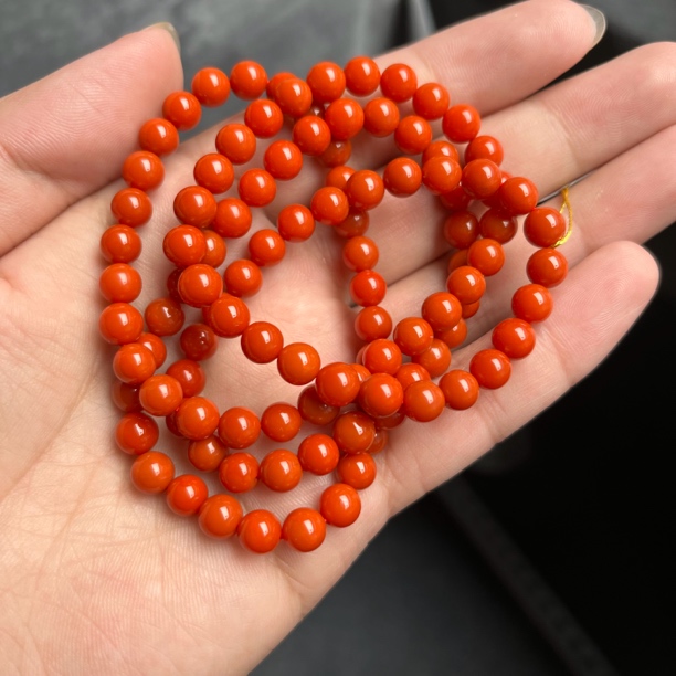 精品南红川料满肉满色柿子红卡6+圆珠多圈珠串42.6克亮光红润款