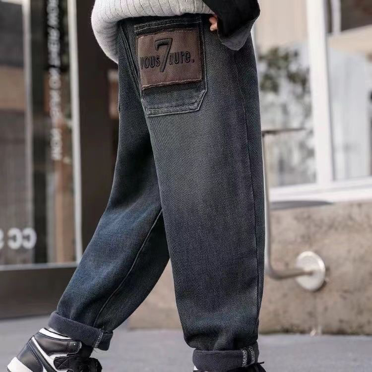 男童加绒加厚牛仔裤冬季新款宽松休闲中大童长裤保暖