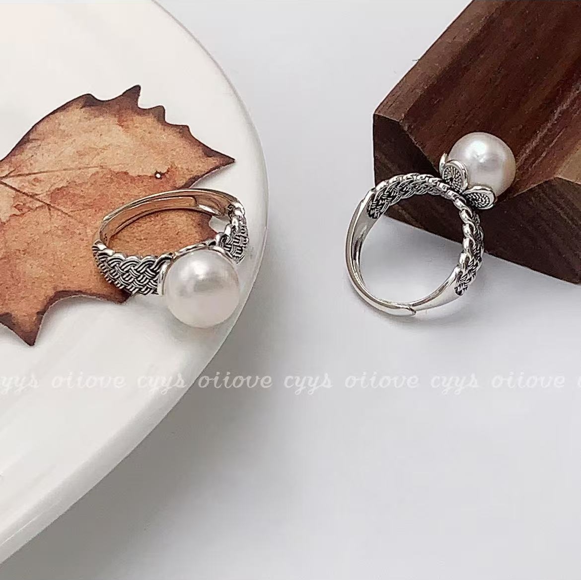 925银戒指 925通体银 镶嵌珠珠花朵编织纹复古做旧时尚设计戒指女