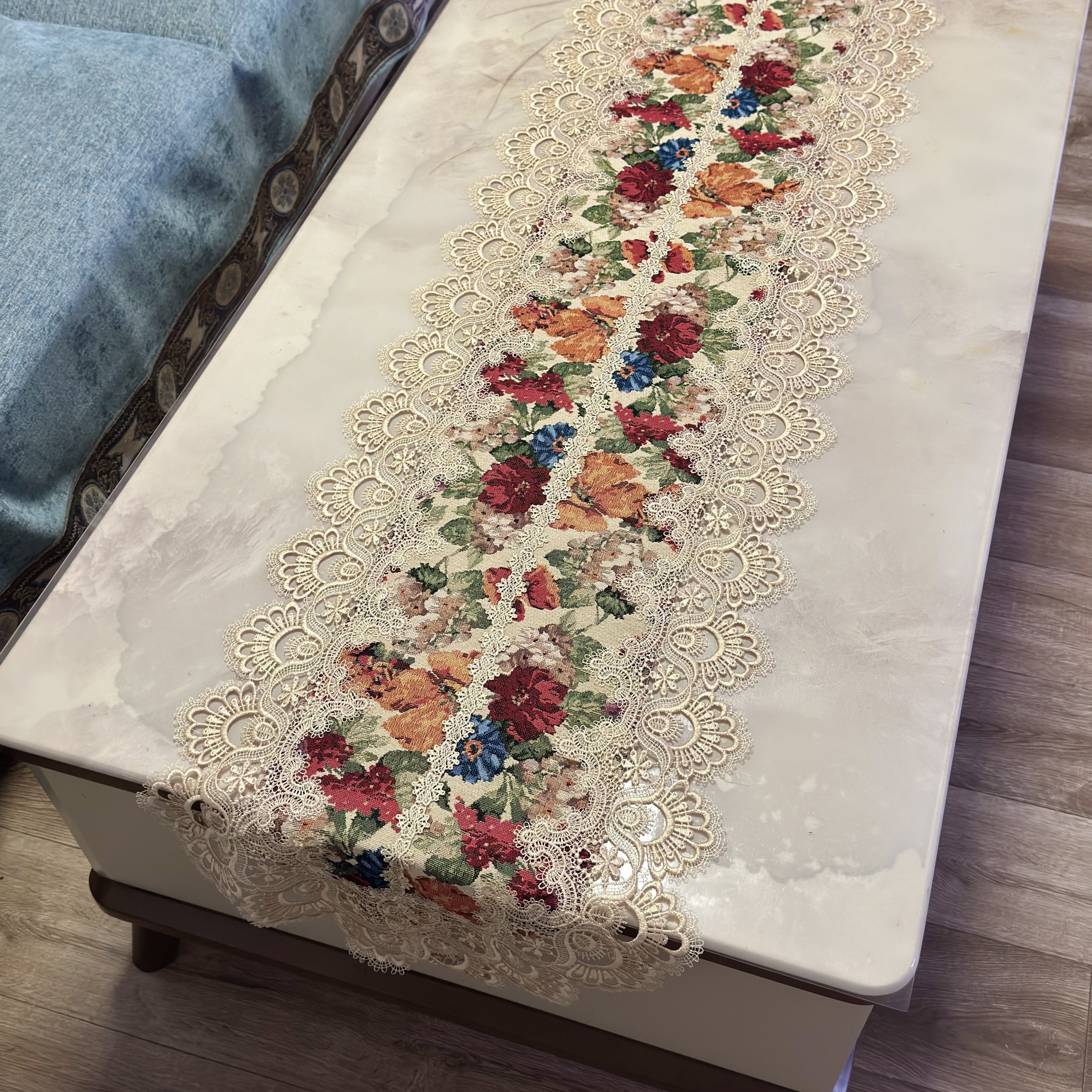 美式田园风棉麻交织富贵牡丹高清提花镂空刺绣花边盖巾桌旗
