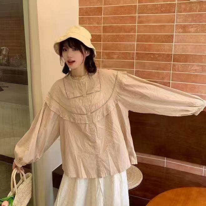 甜美减龄荷叶边拼接休闲衬衣设计感宽松百搭单排扣时尚衬衣I24