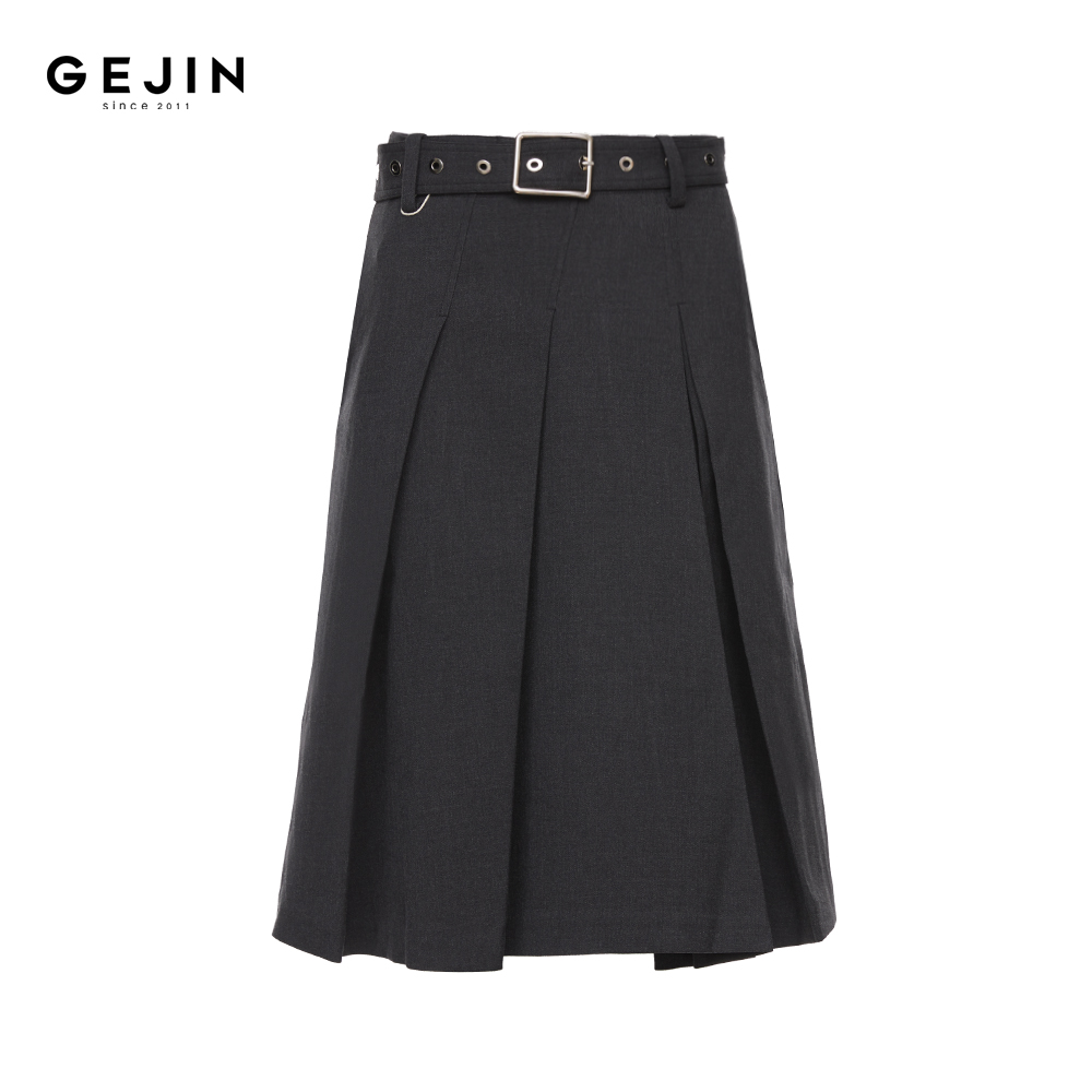 GEJIN/歌锦秋冬新款设计感压褶方扣腰带A字智性半身裙9442512550