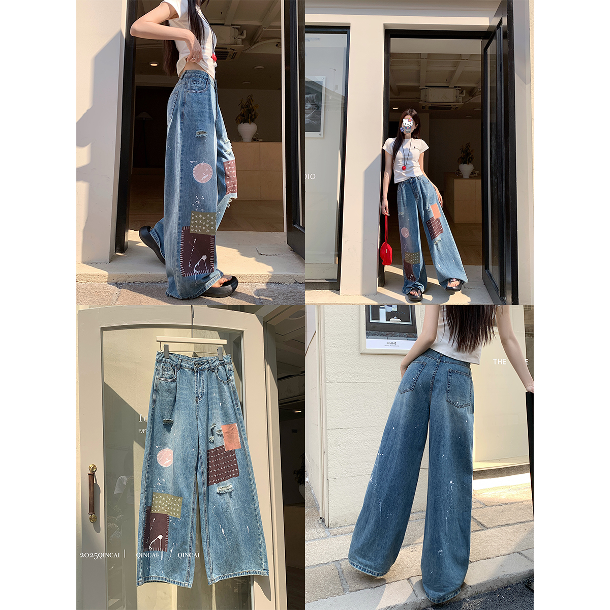 大码女装复古设计感高腰阔腿裤水洗破洞泼漆布贴显瘦阔腿牛仔裤