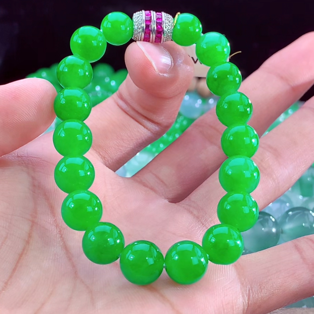 有种有色｜源头缅甸天然翡翠A货高货冰透冰阳绿起胶满绿手串