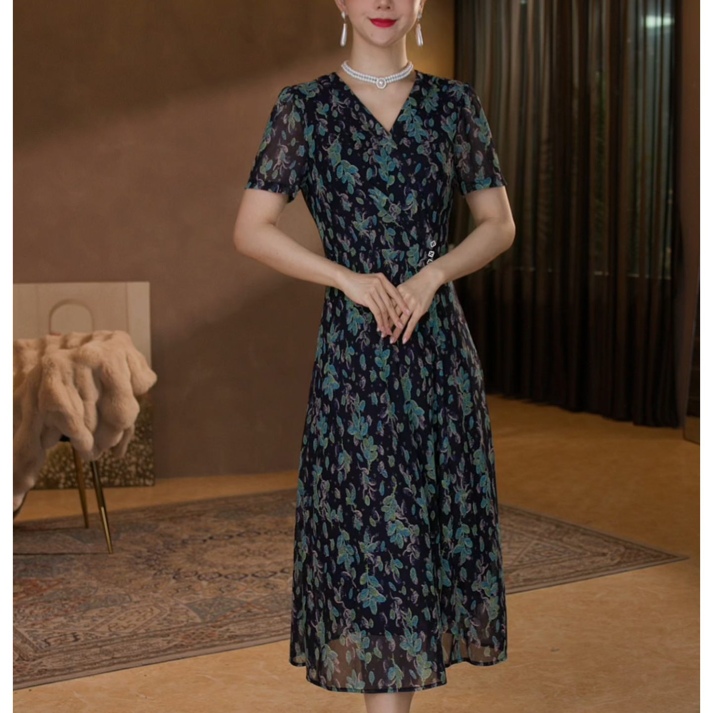 【香妮芬】83337高档弹力台湾纱妈妈连衣裙女夏季新款显瘦大码