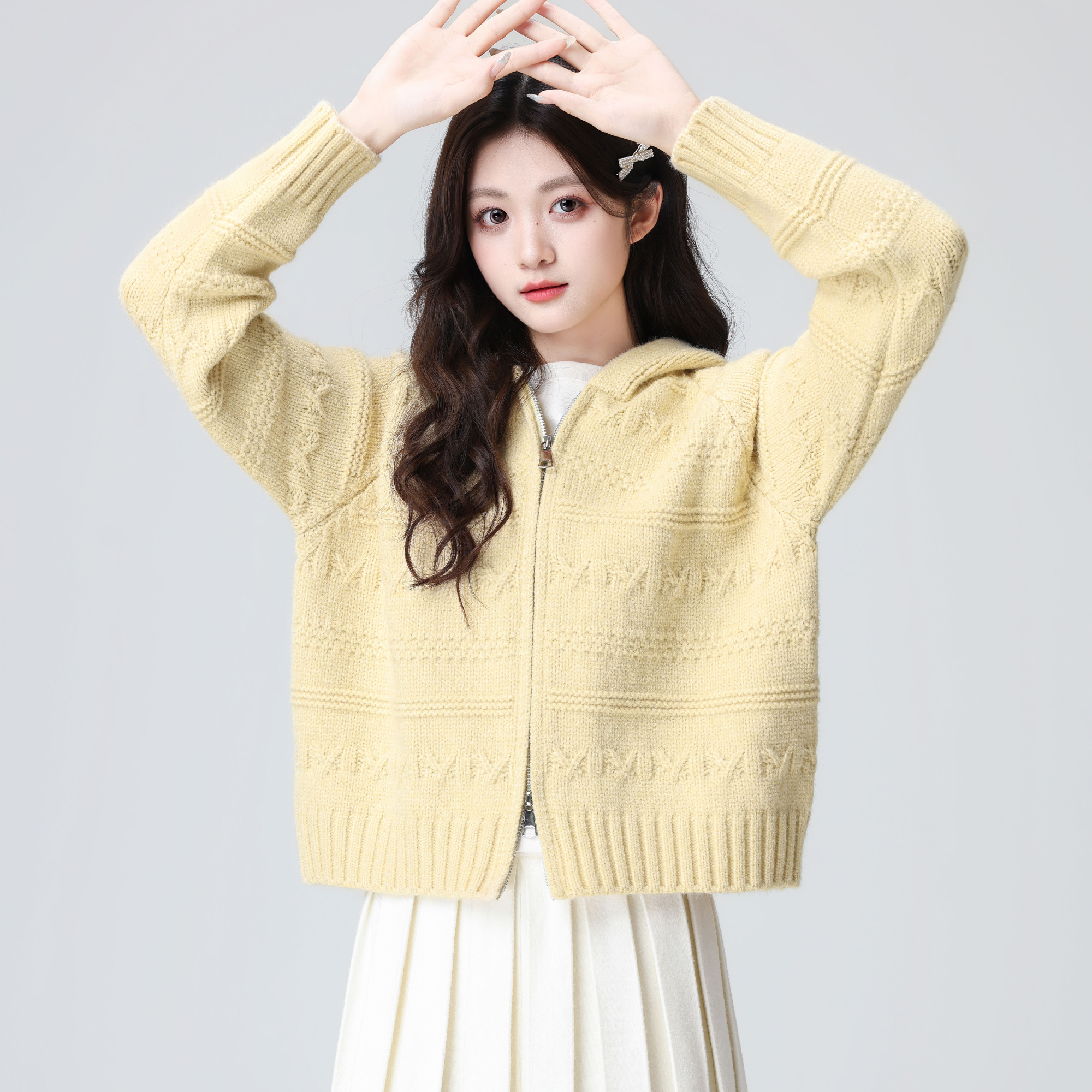 黄色连帽毛衣外套女2025秋冬新款宽松外穿双拉链针织开衫短款上衣