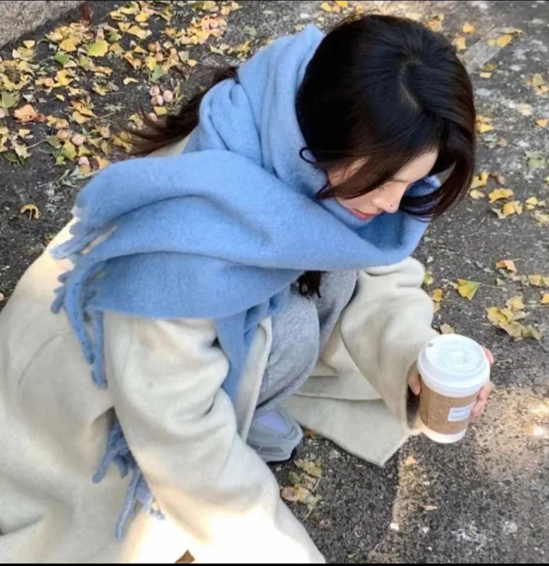 秋冬马海毛纯色围巾百搭保暖双面氛围感长款格子围脖围巾时尚