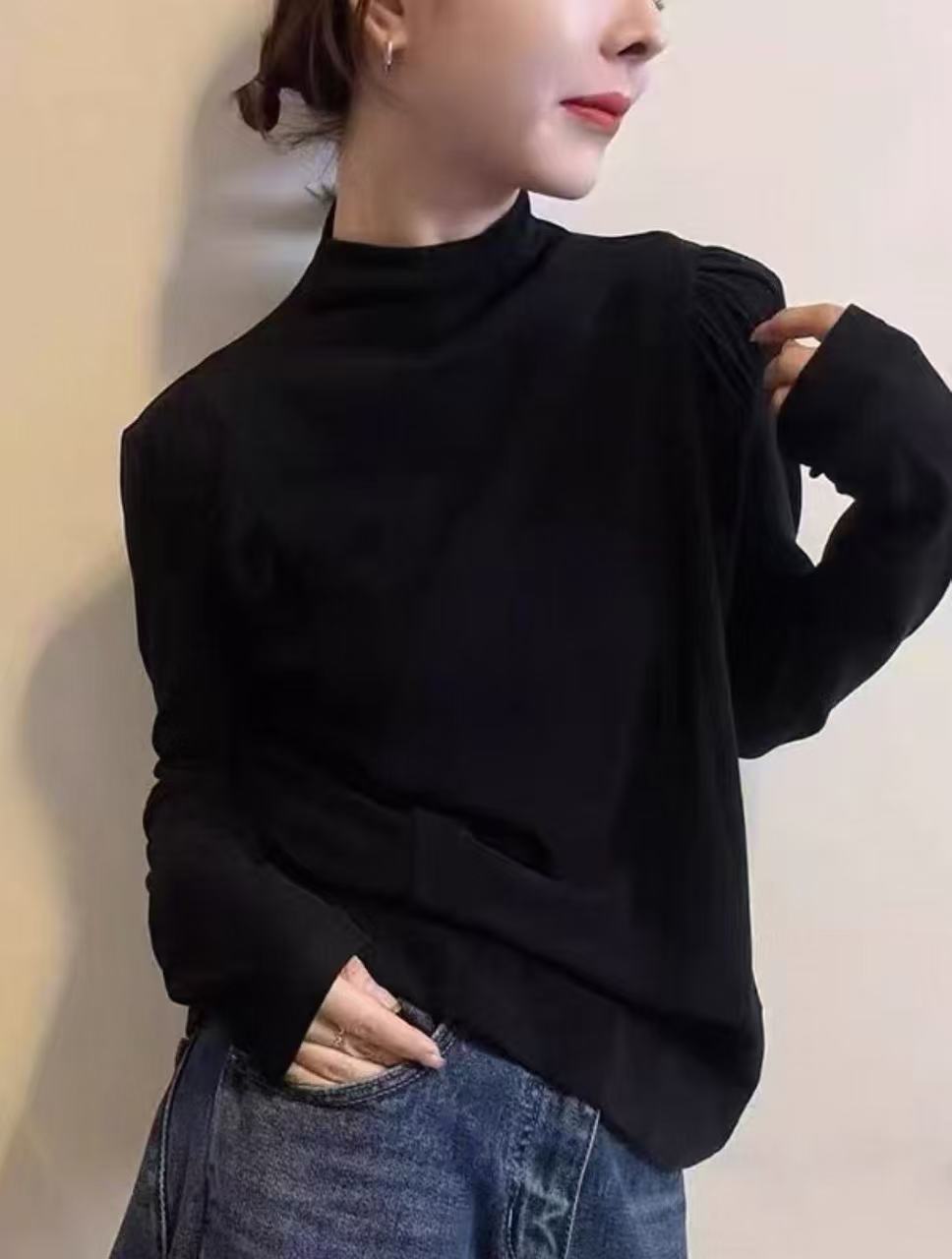 【晨浠定制】新款时尚肩部袖口蕾丝拼接加绒打底上衣3930