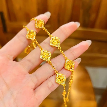 铜合金手链 金店同款点钻镂空花丝布契拉提四叶草手链送女友铜