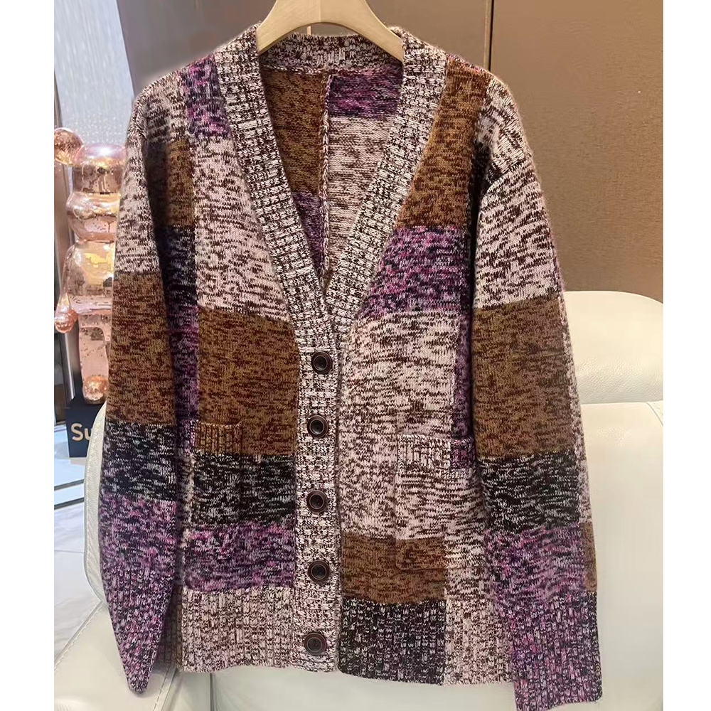 【绝美撞色花纱】100%山羊绒 重磅加厚 V领保暖山羊绒开衫外套女