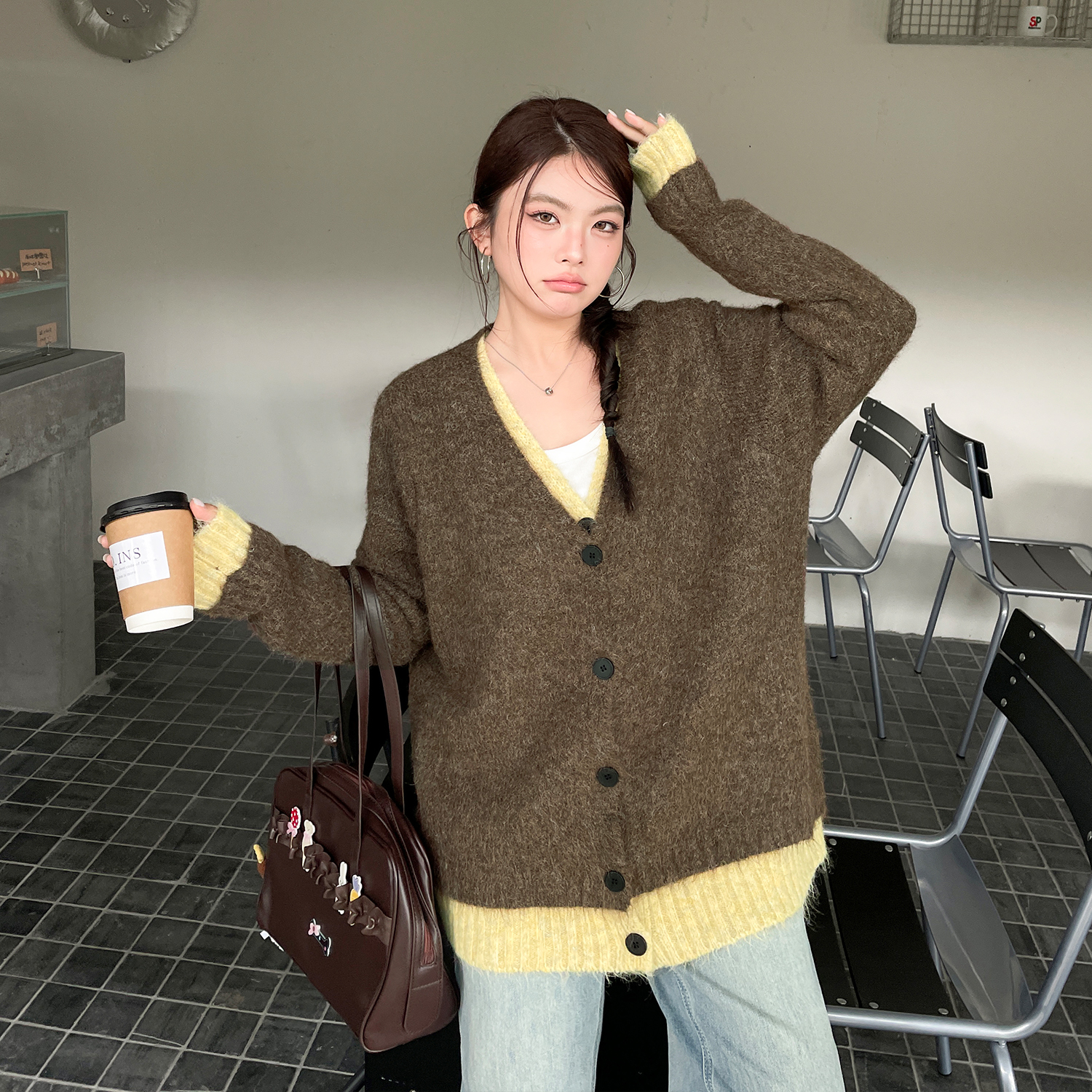 微胖mm韩系撞色假两件针织衫秋冬大码女装内搭毛衣外套上衣