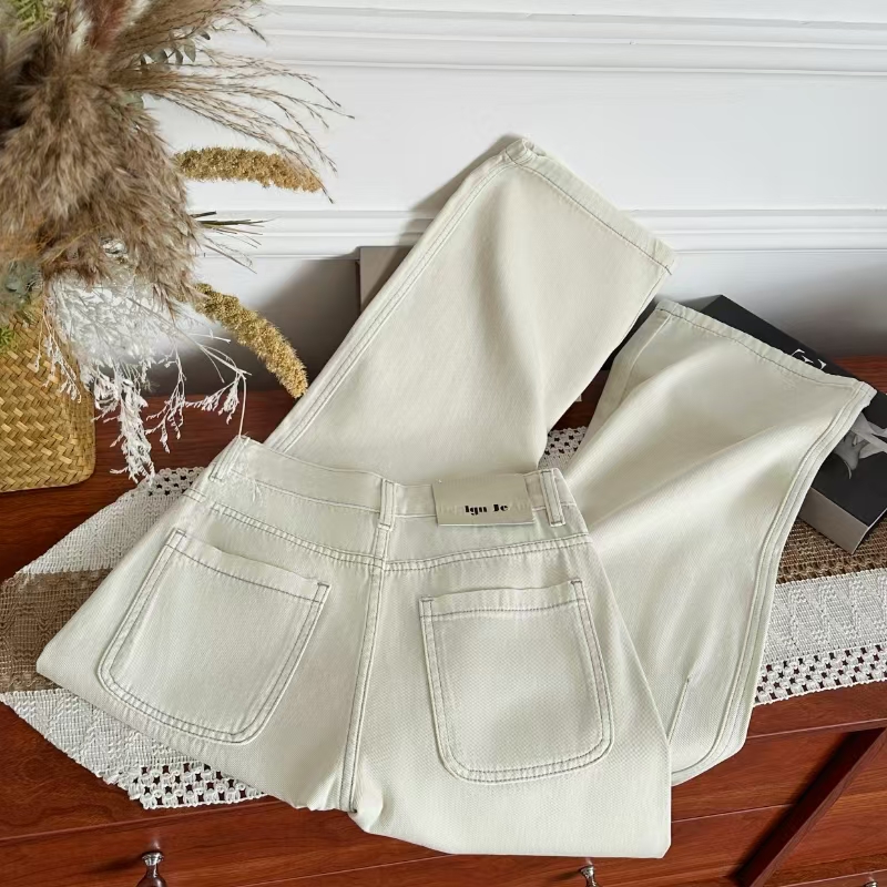 2025新款杏色牛仔裤设计感小个子高腰窄版直筒阔腿牛仔裤