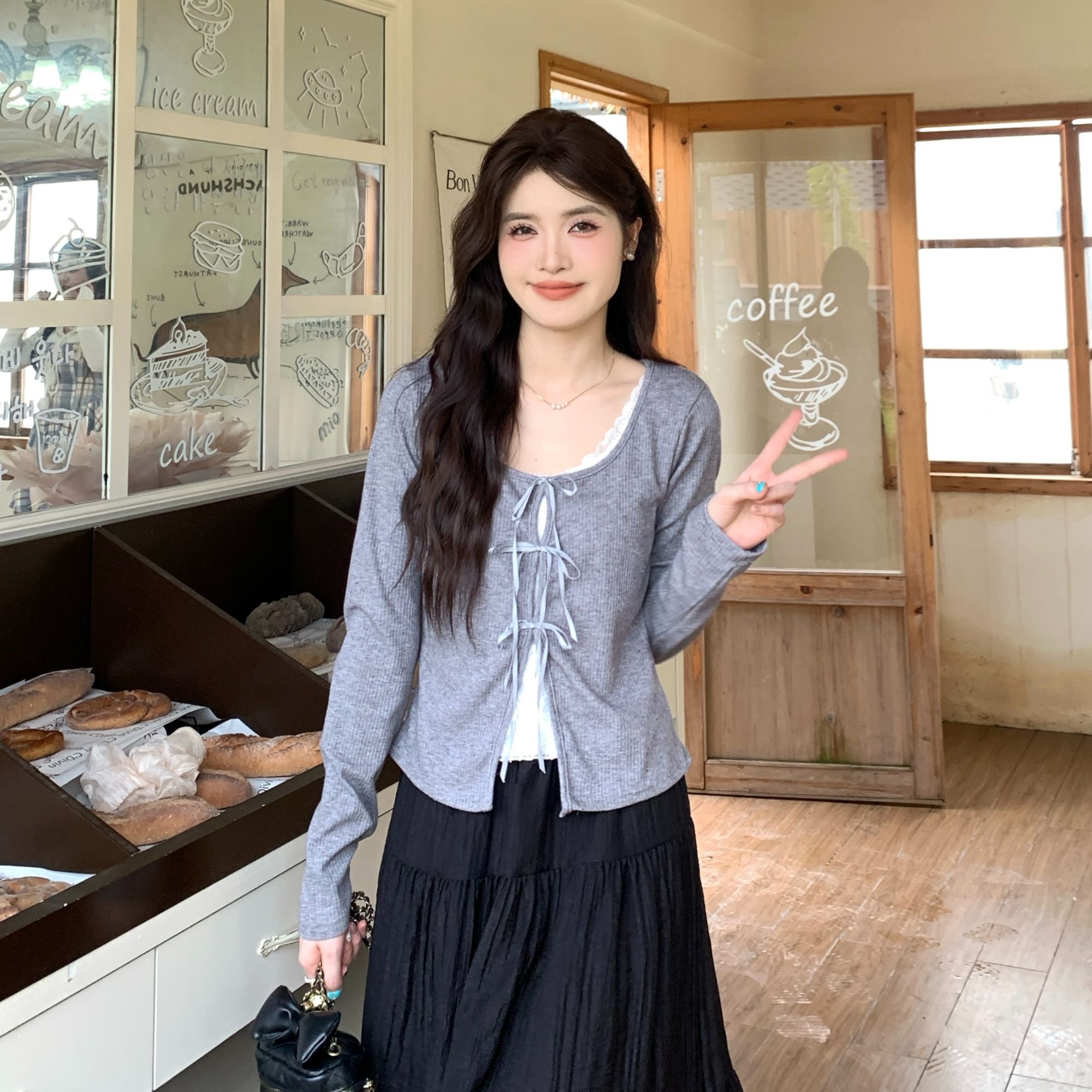 慕兔法式蝴蝶结拼接假两件针织衫女2025秋季新款小个子百搭上衣