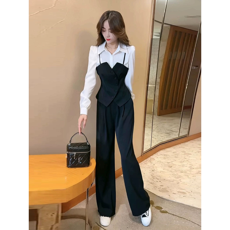 【欧欧】赫本风气质御姐时尚套装春季高级吊带上衣长裤冷淡系女装
