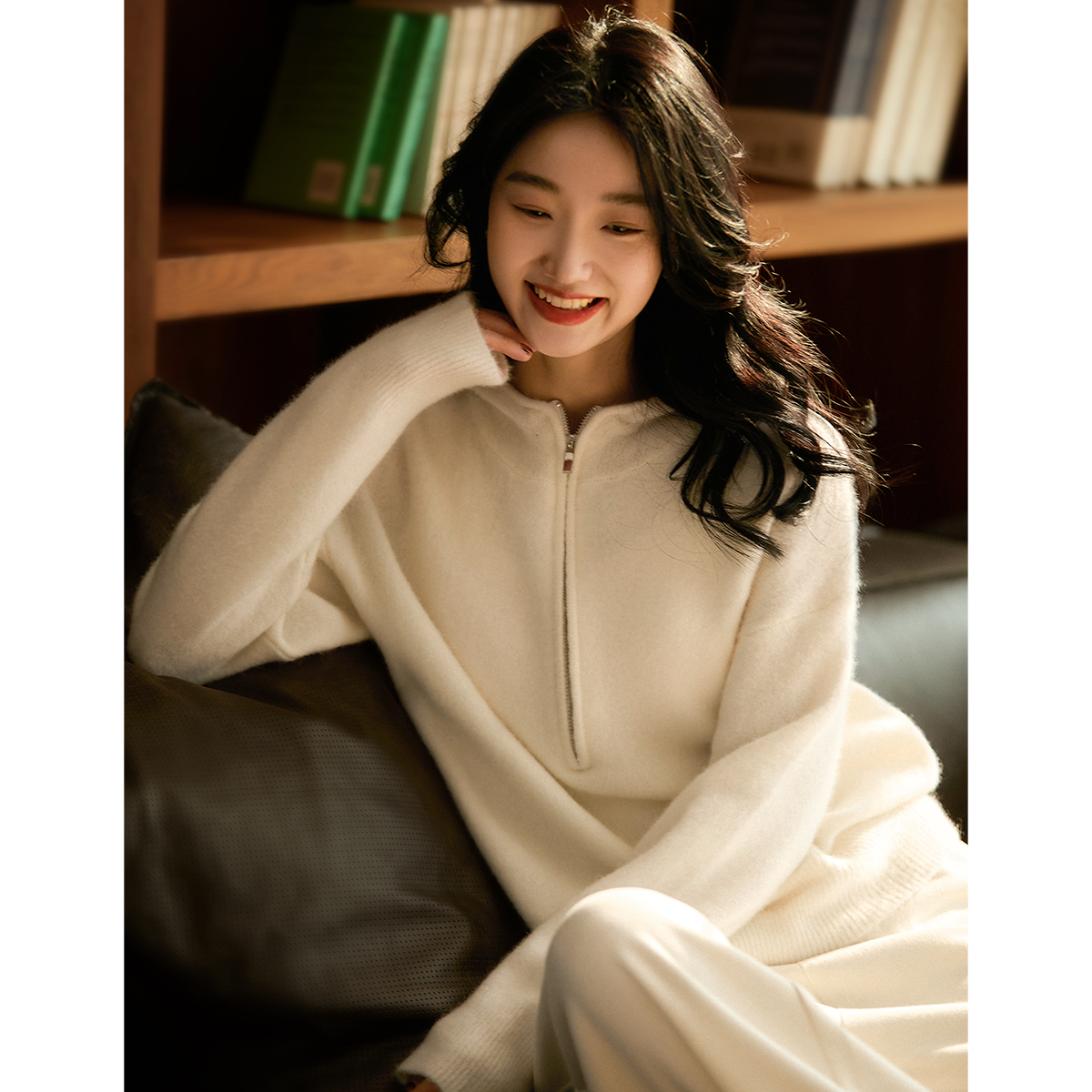 蓬松雾感暖绒帽衫 意大利进口纱线羊毛羊绒连帽针织ZYB760857VG