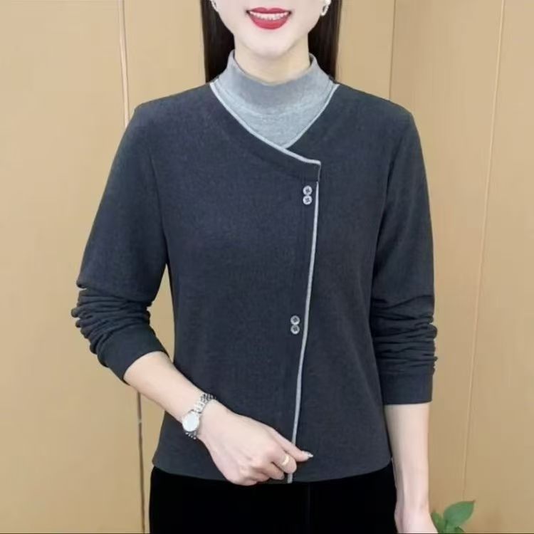 秋冬新款时尚双面德绒拼接上衣中年妈妈洋气假俩件半高领打底衫