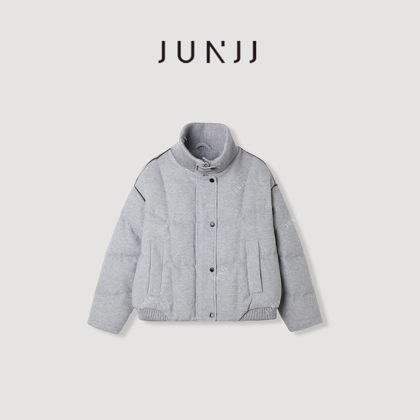 杰瑞【校园日记】冬季新款时尚立领针织拼接90鸭绒女面包服