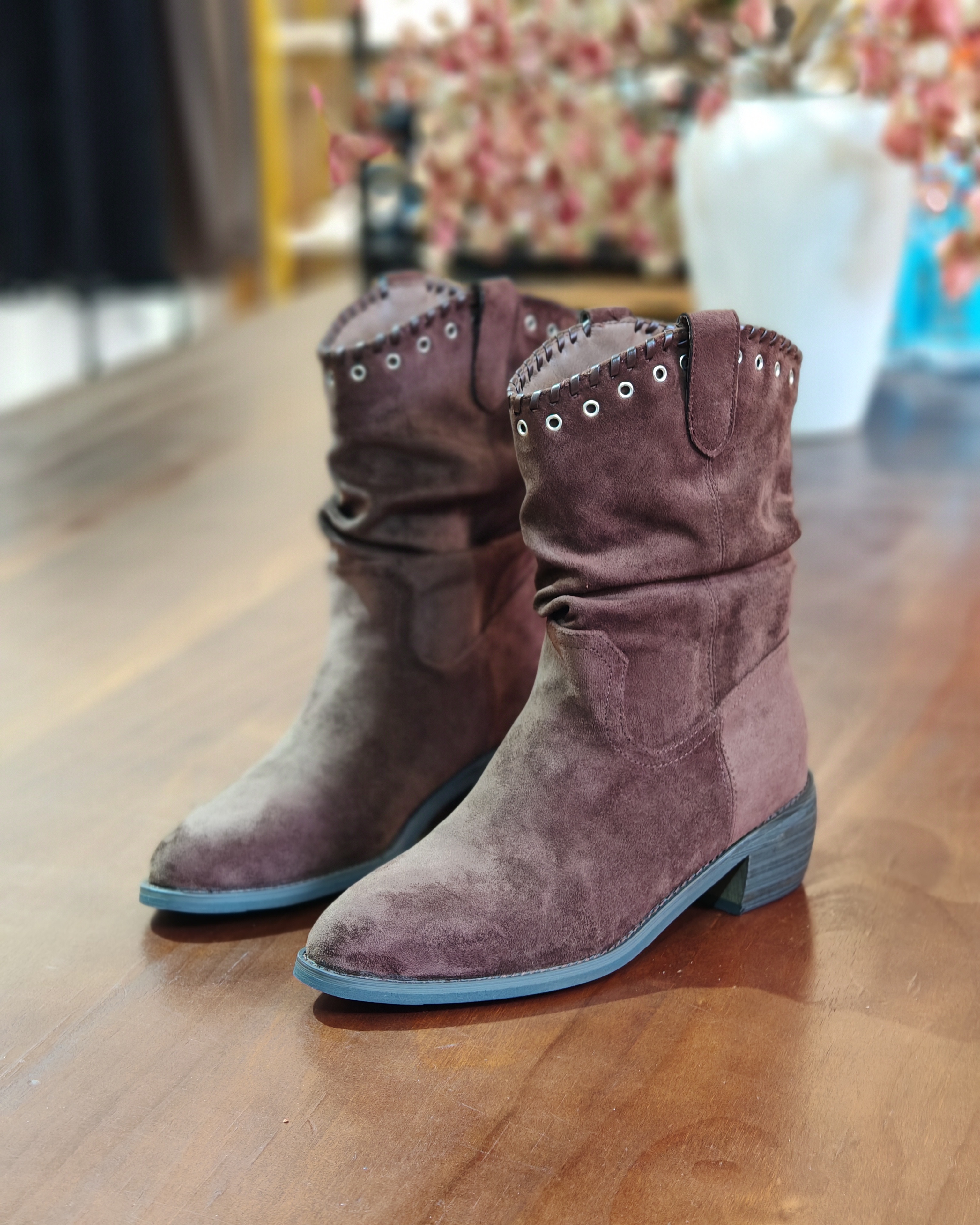 复古西部牛仔秋冬新款套筒女靴短靴棕色美拉德色显瘦百搭中跟粗跟