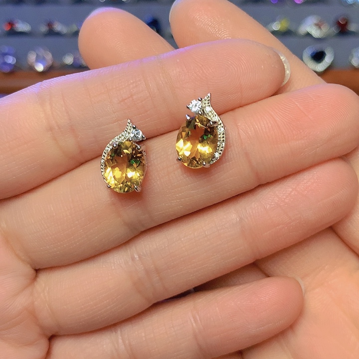 黄晶耳饰银S925镶嵌@**香
