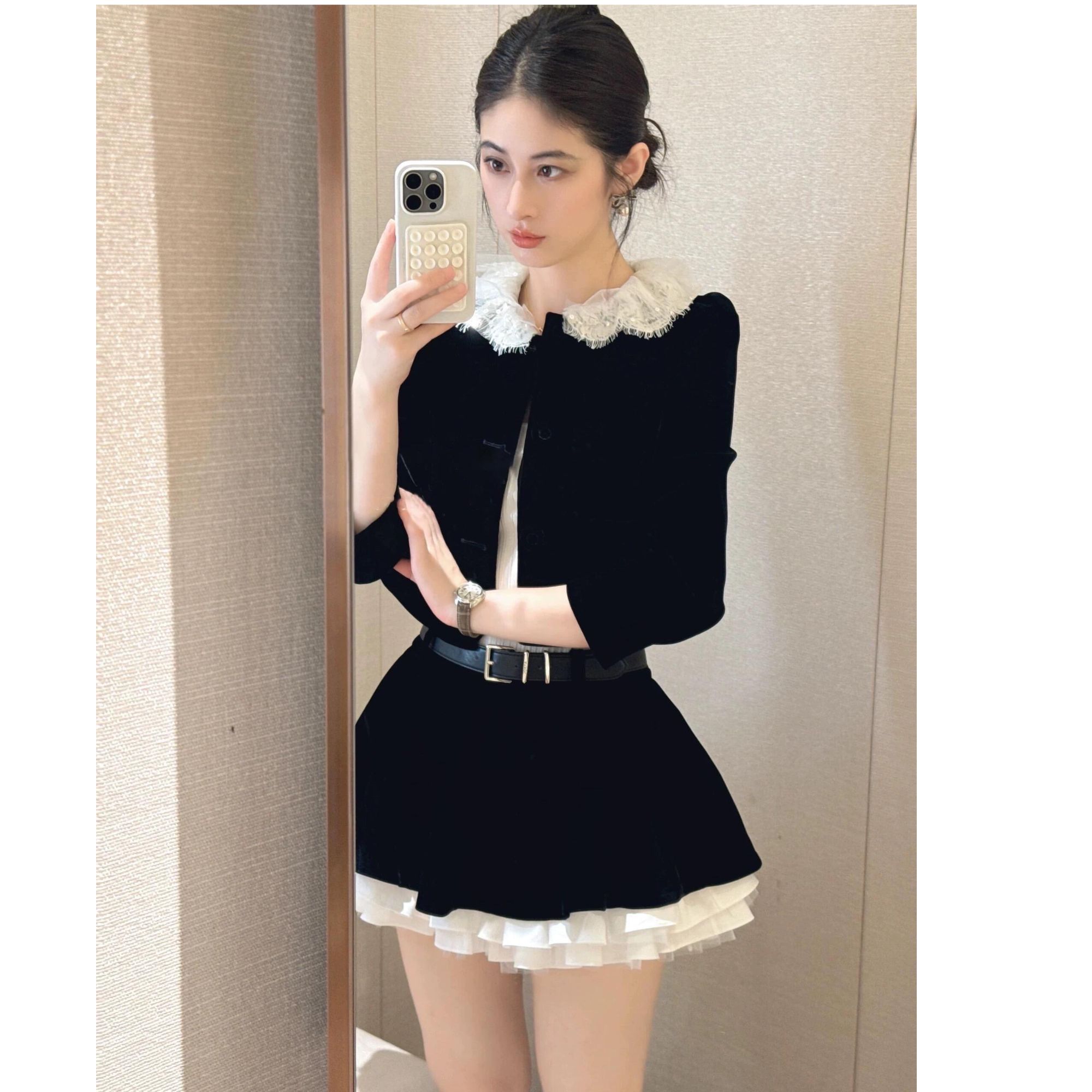 小个子套装轻奢小众高端2025早秋新款格雷系娃娃领上衣蓬蓬半身裙