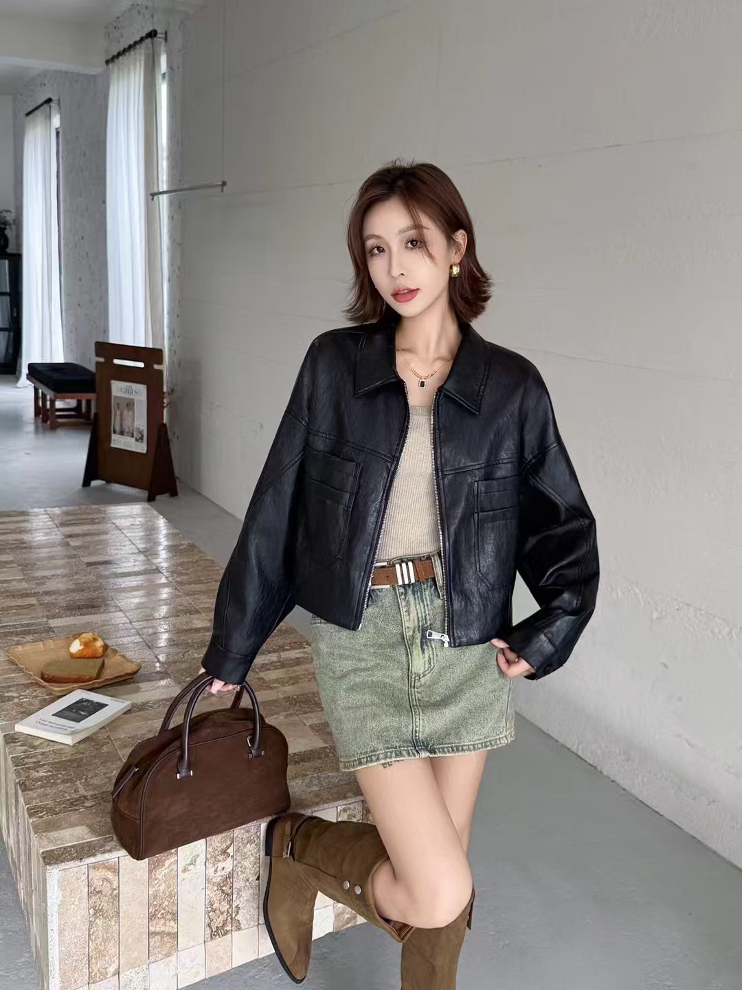 2025年秋装新款翻领拉链复古水洗pu蛋白皮衣女短外套上衣8209