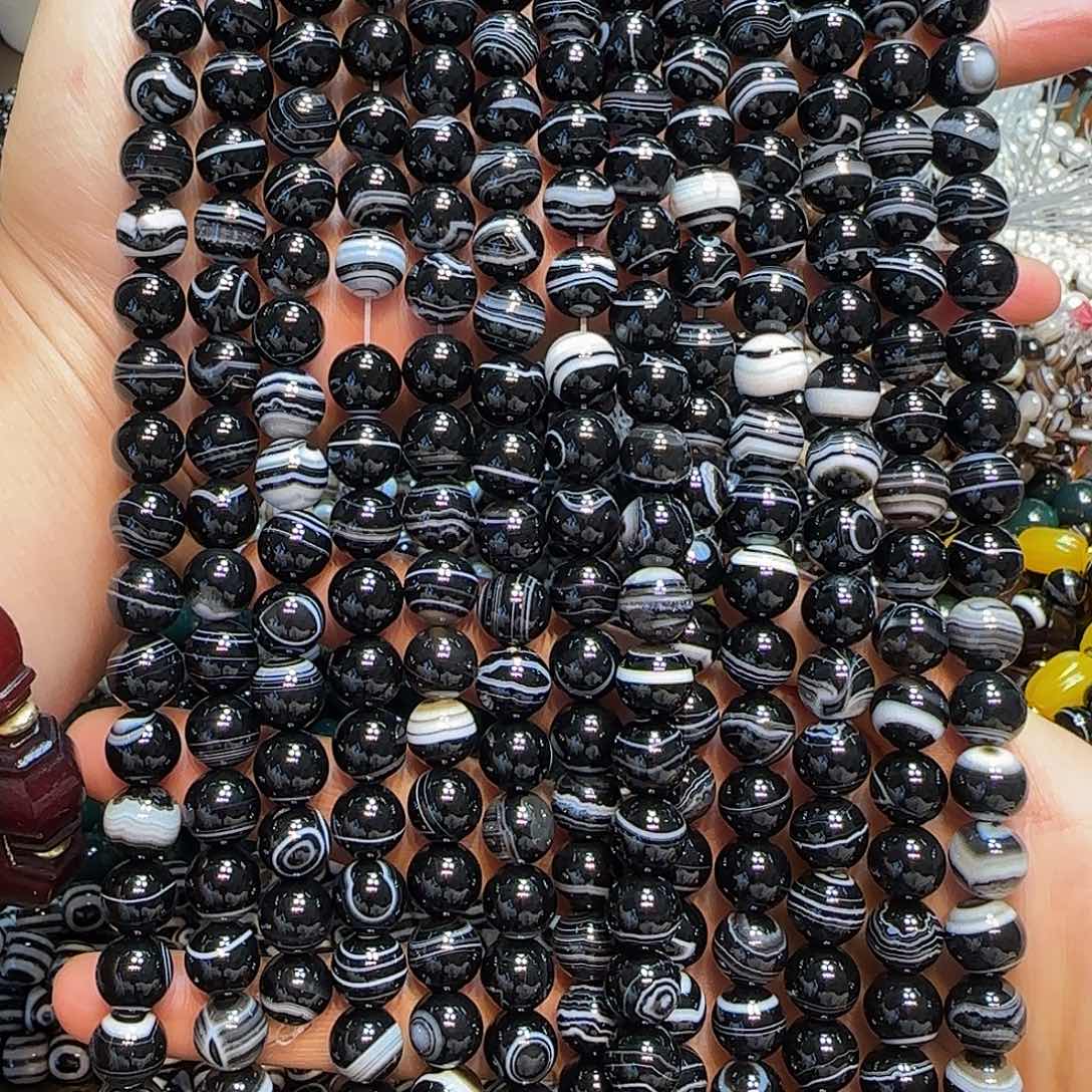 玛瑙/玉髓合金珠宝半成品10mmh黑玛瑙线条蚕丝一条