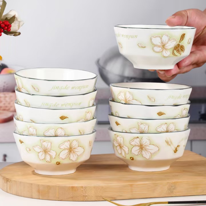 10只装黄金叶4.5英寸钻石米饭碗家用陶瓷吃饭饭碗