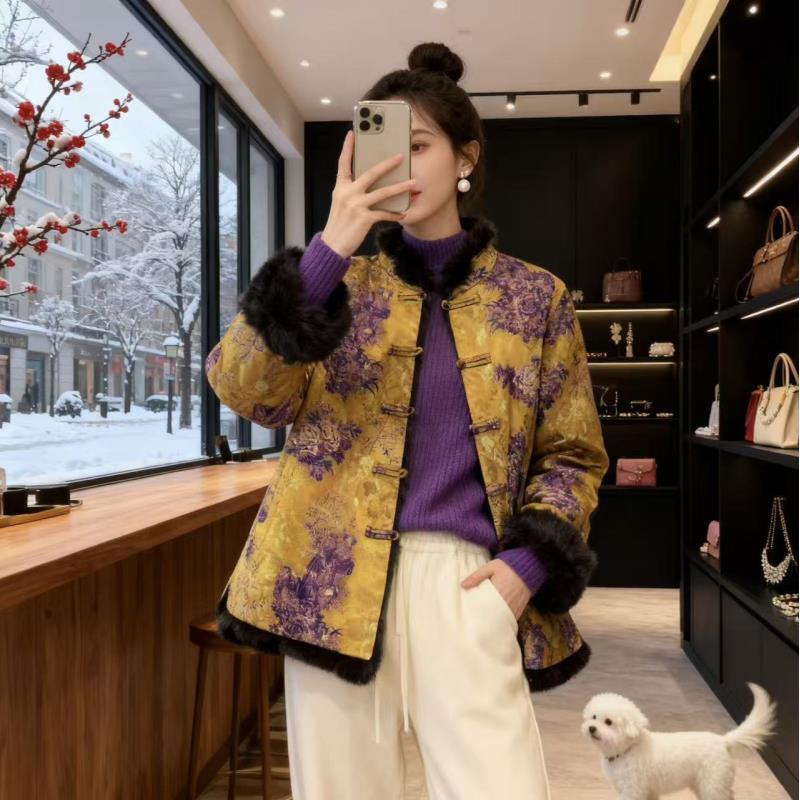 人造皮草 双面双穿新中式国风提花拼接毛毛外套复古皮草轻奢大衣