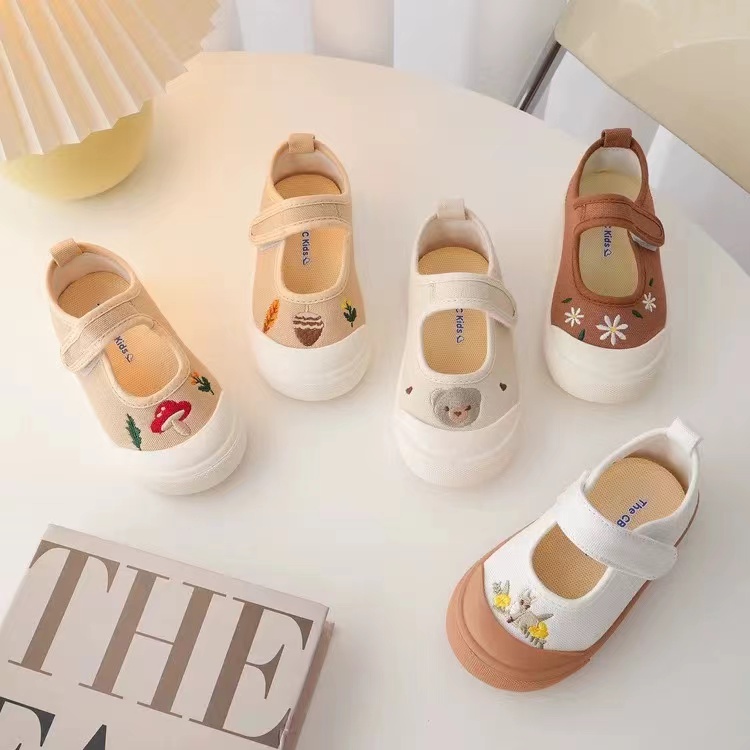 帆布鞋魔术贴纯色休闲车缝线女春秋卡通动漫咖色小花叶子小熊蘑菇