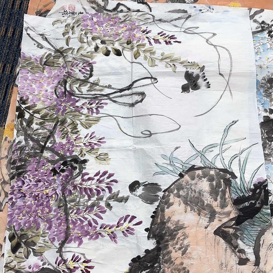 国画师亚兰六尺三开花鸟朱