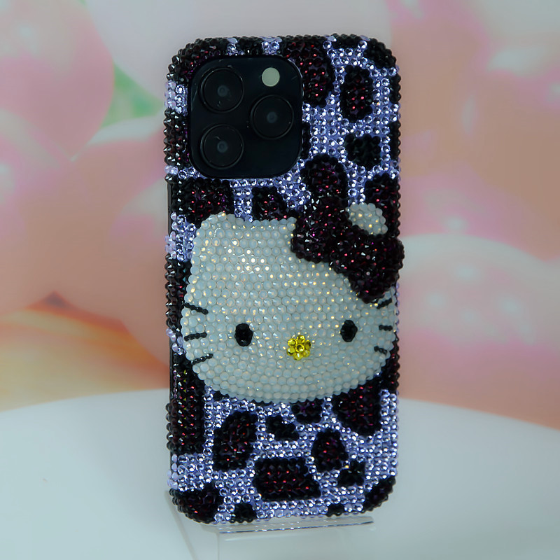 适用网红iPhone15 16proMax镶钻紫色豹纹大头猫苹果手机壳水钻