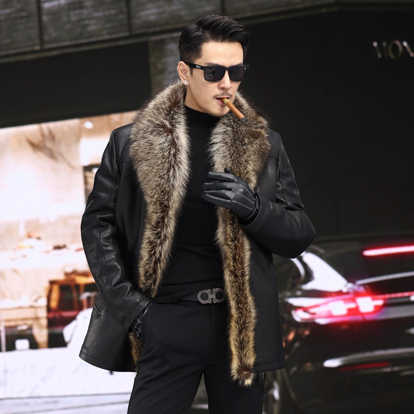 冬季休闲真皮皮草貉子毛领男士山羊皮皮毛一体羊毛内胆夹克黑色