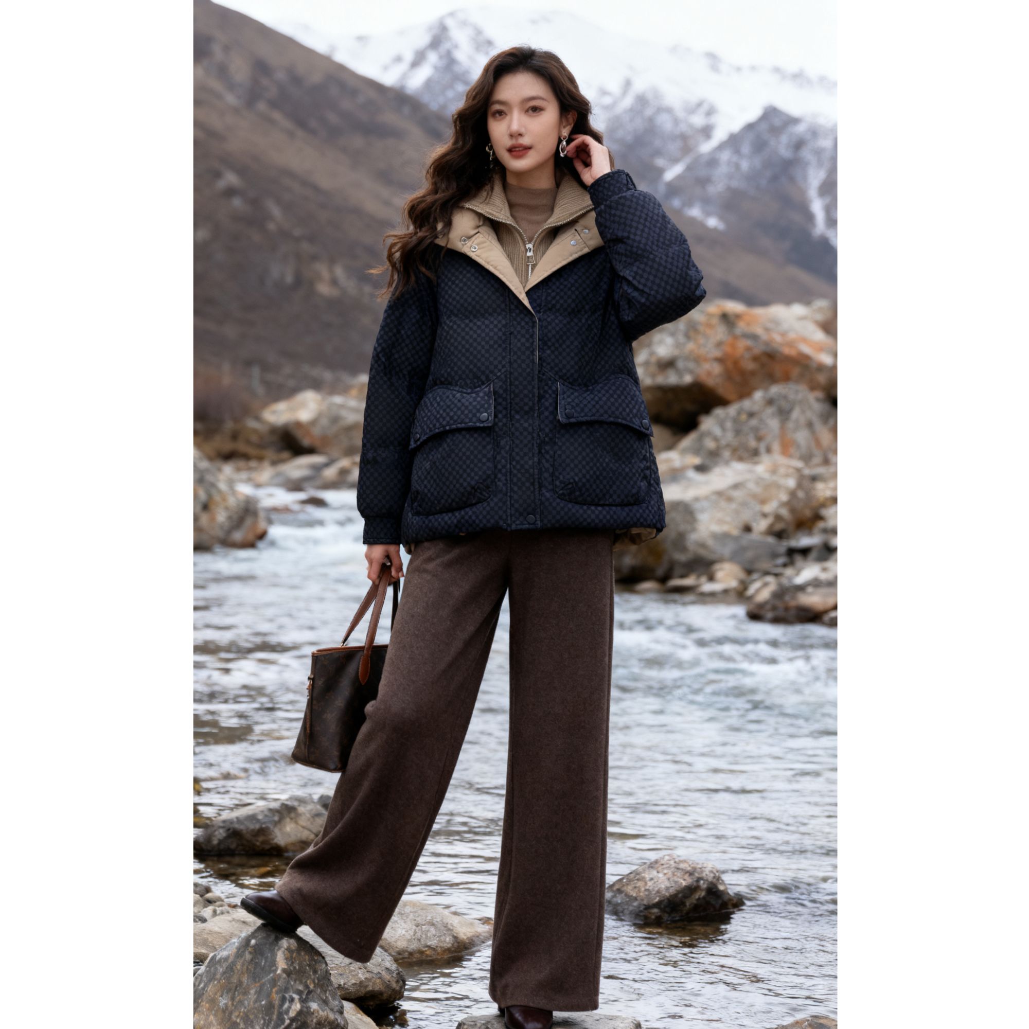 浮力清仓W017秋冬格纹撞色大翻领设计时尚宽松百搭棉服