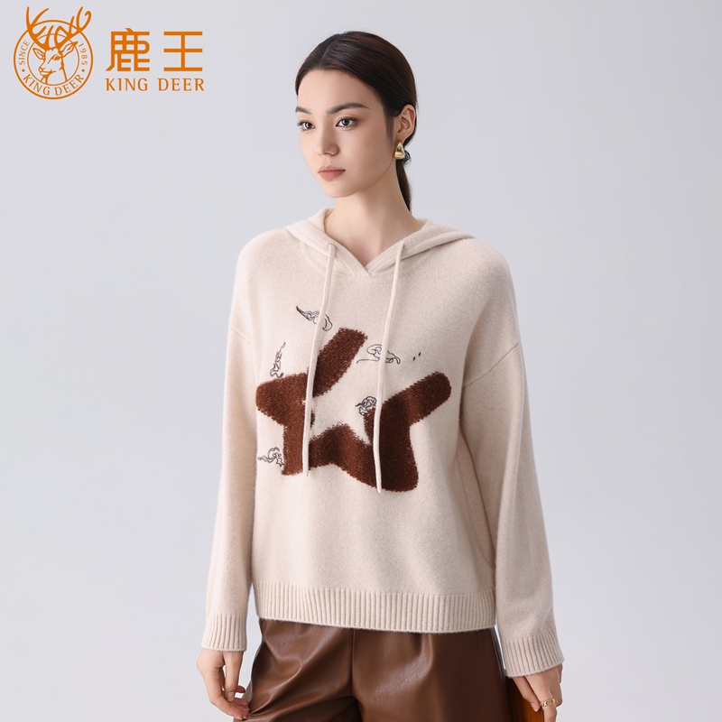 【设计师款】鹿王女连帽100山羊绒重工提花手绣套衫 加厚 XM0331
